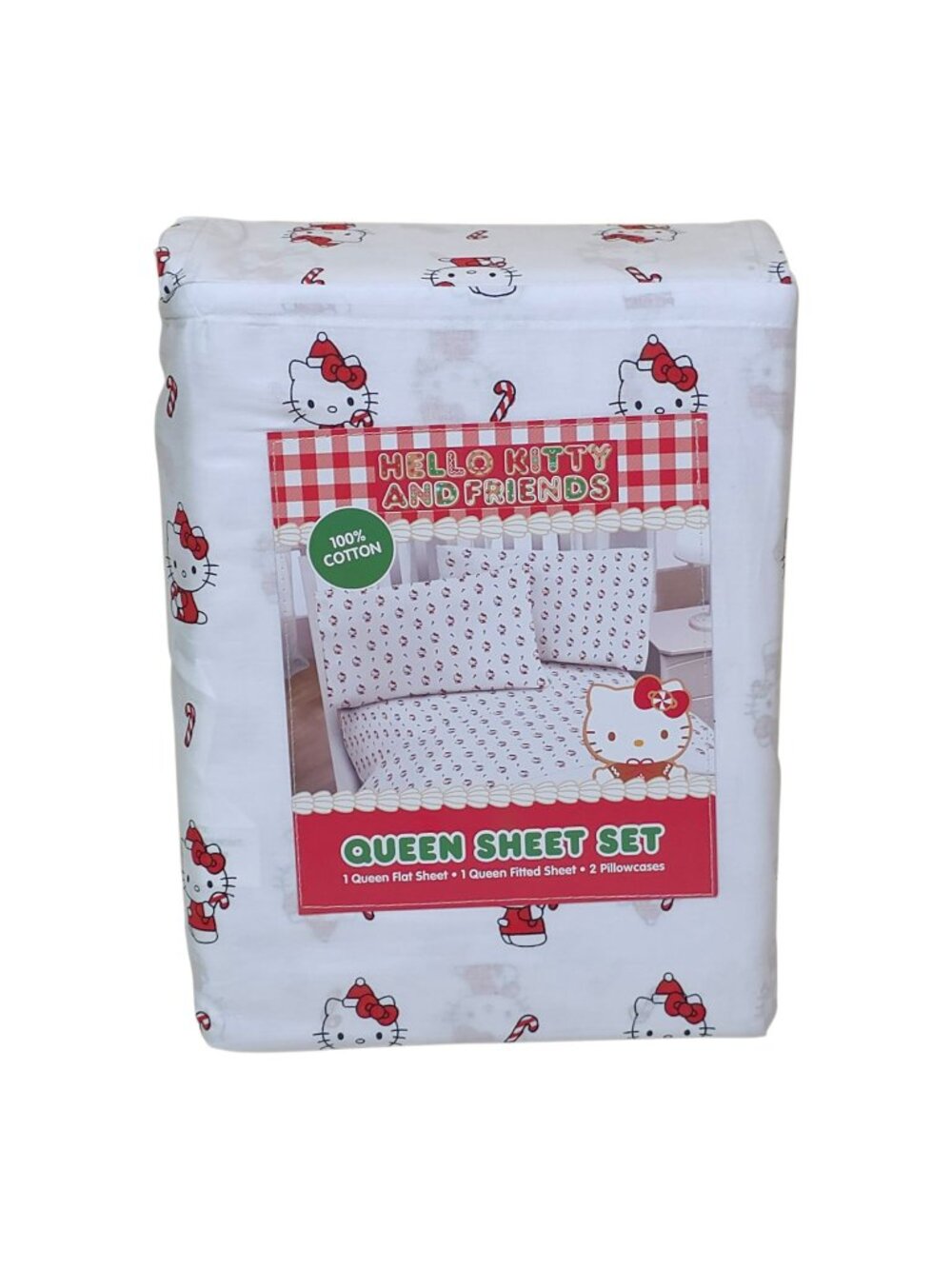 Hello Kitty & Friends Queen Sheet Set 100% Cotton Holiday Candy Canes Christmas